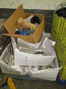 Pallet containing approx 80 plastic face shields and a box of mixed items