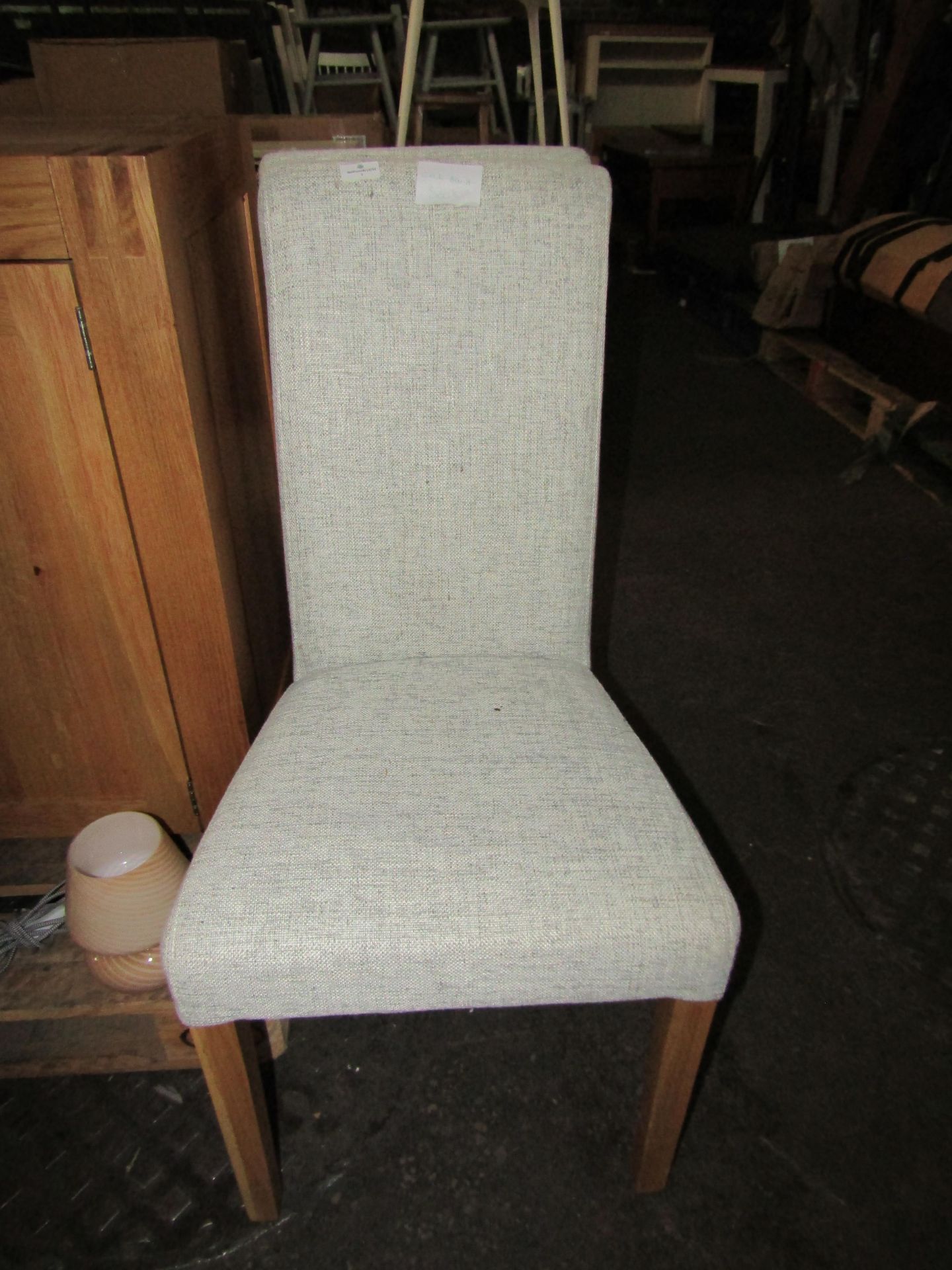 Oak Furnitureland Scroll Back Chair in Plain Grey Fabric with Solid Oak Legs (Pair) RRP Â£140.00