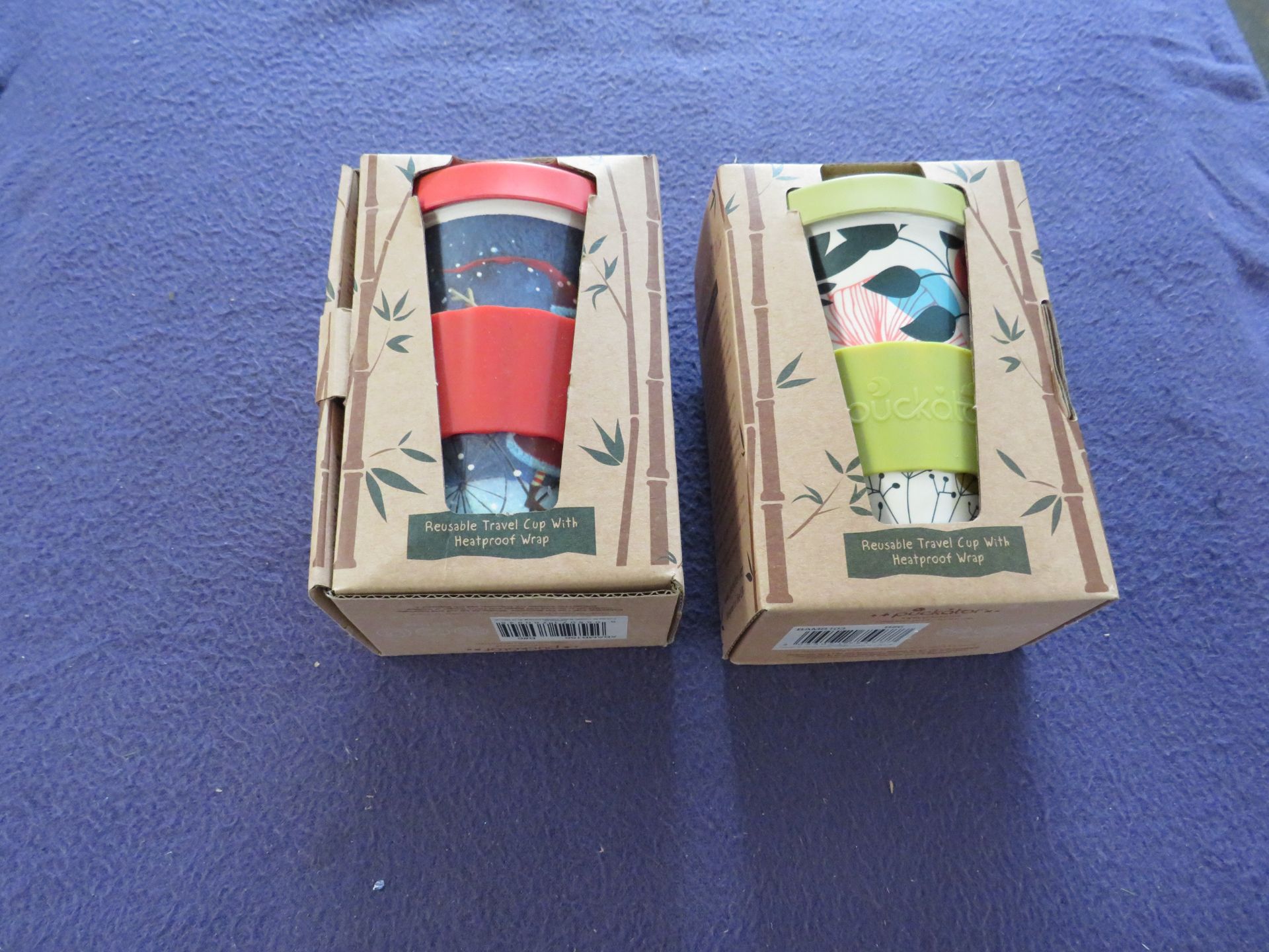 2x Bamboo Reusable Travel Cups - Designs Vary Will Be Picked At Random - Boxed.