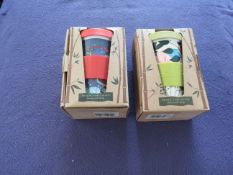 2x Bamboo Reusable Travel Cups - Designs Vary Will Be Picked At Random - Boxed.