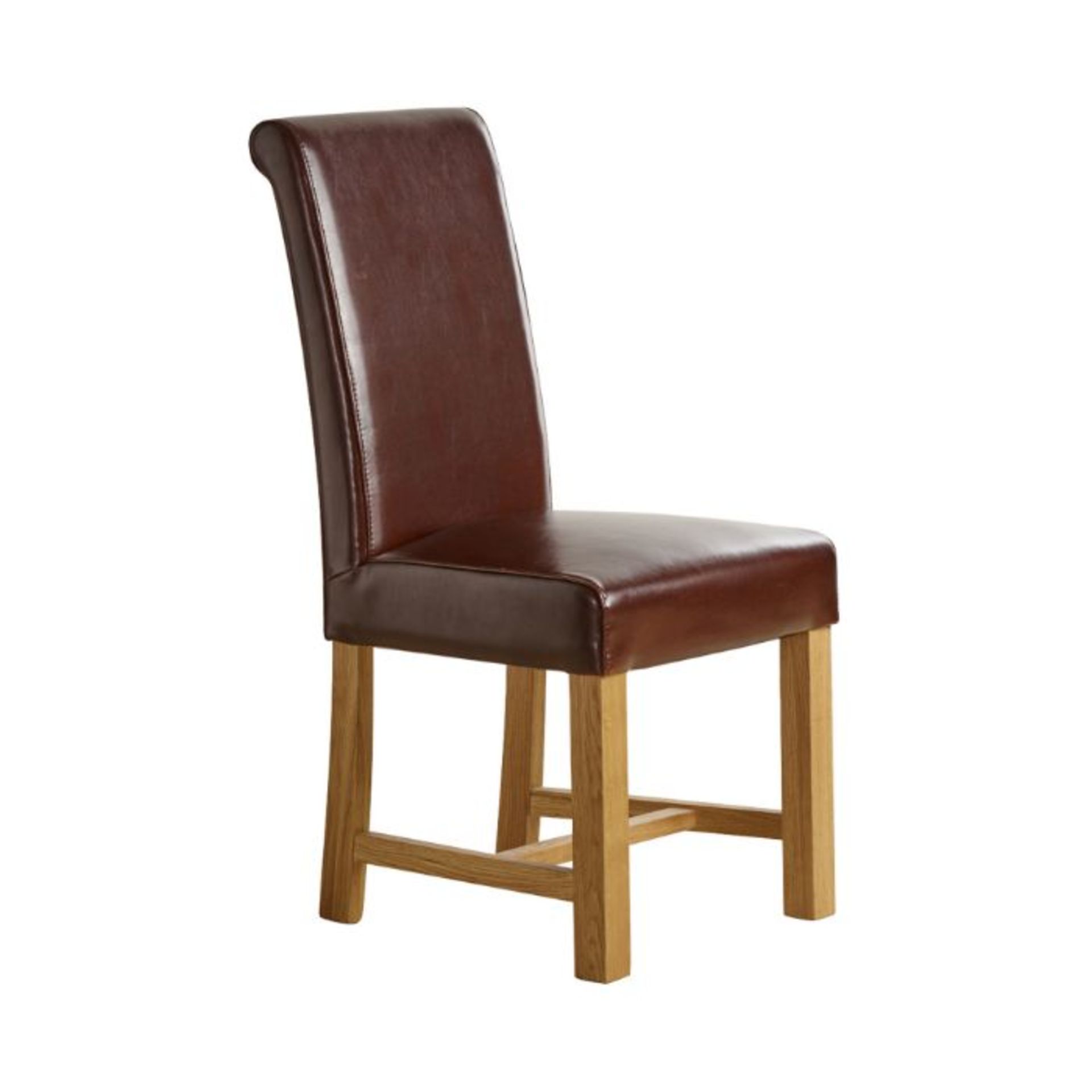 Oak Furnitureland Pair of Braced Scroll Back Chair in Brown Bicast Leather with Solid Oak Legs