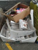 Pallet containing approx 80 plastic face shields and a box of mixed items