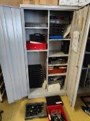 Metal cabinet and contents including wire crimping tools