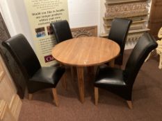 Circular oak dining table, 1,100mm diameter and 4 dining chairs