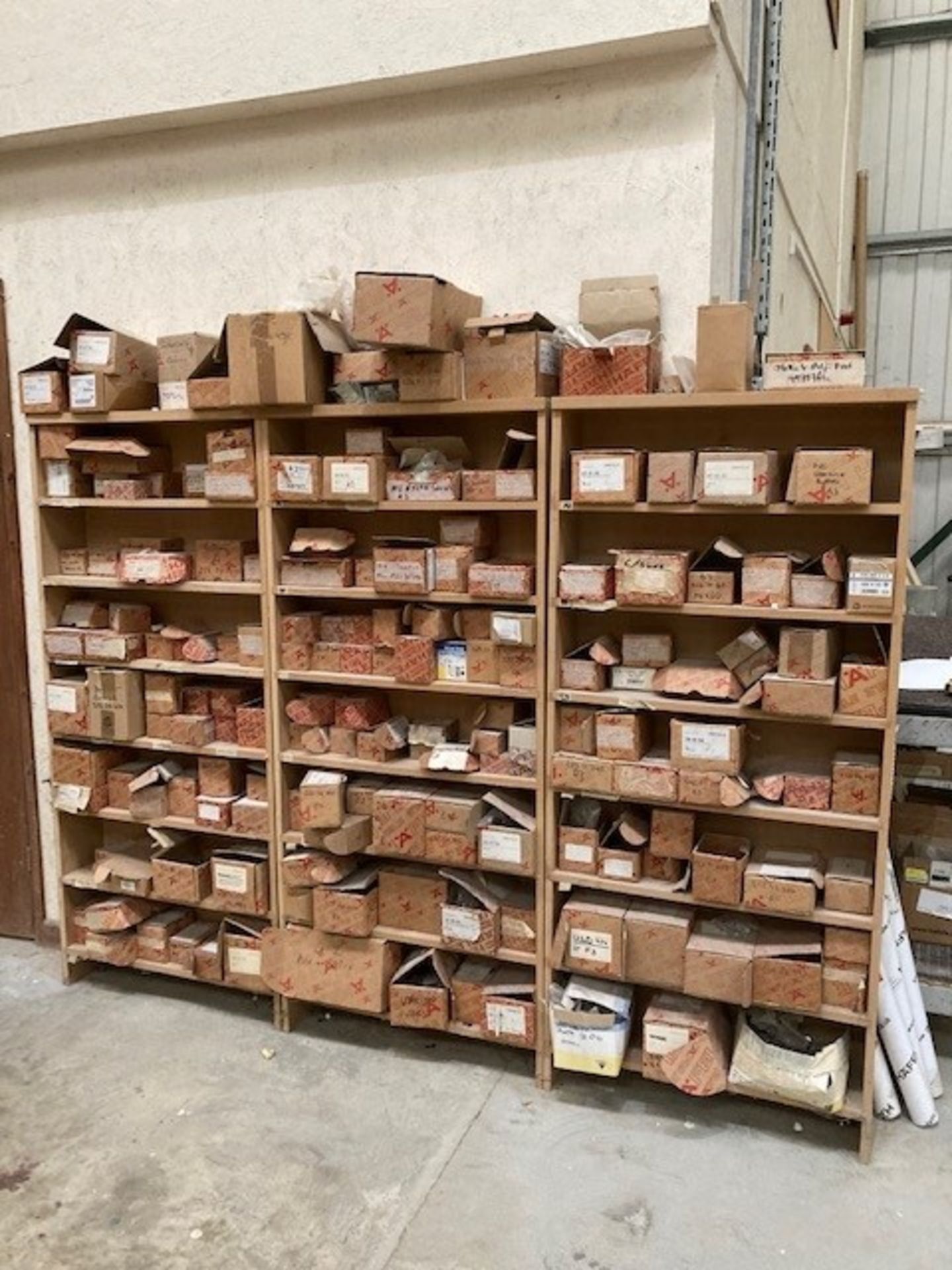 (3) Seven tier MDF shelving units & contents - Image 2 of 10