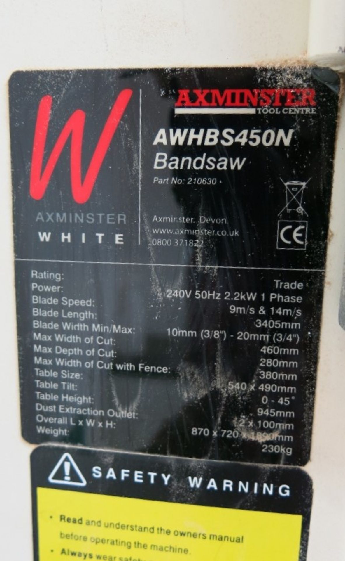 Axminster AWHBS450N vertical bandsaw - Image 3 of 3