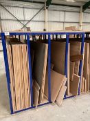 Four bay upright steel storage racks with quantity of various wood