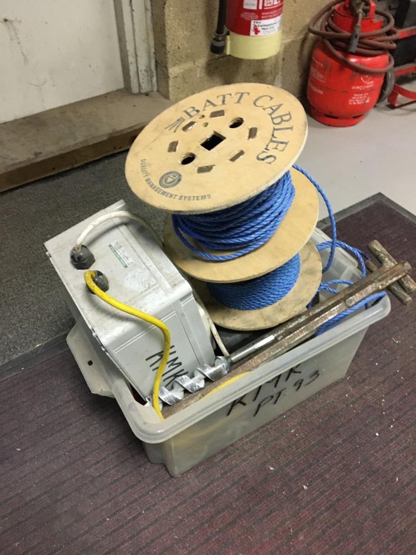 Plastic Box With Contents To Include (2) Wool Reels & Unbranded 2000Lb Electric Winch