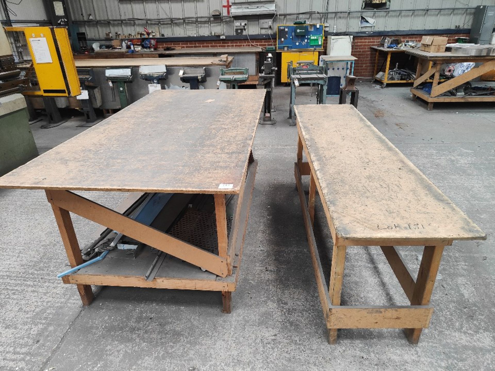 (2) Wooden workbenches with contents