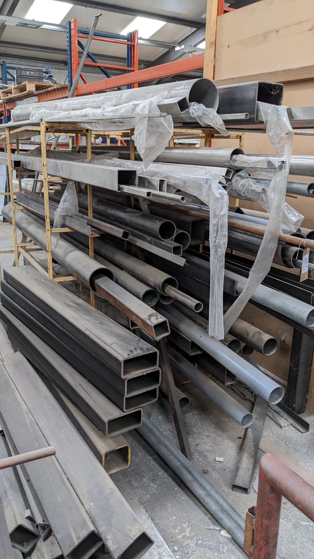 Rack & contents: Quantity mild steel tube, box section, angle etc