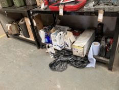 Quantity cleaning sundries, oil cans and grease guns etc. under 2 benches