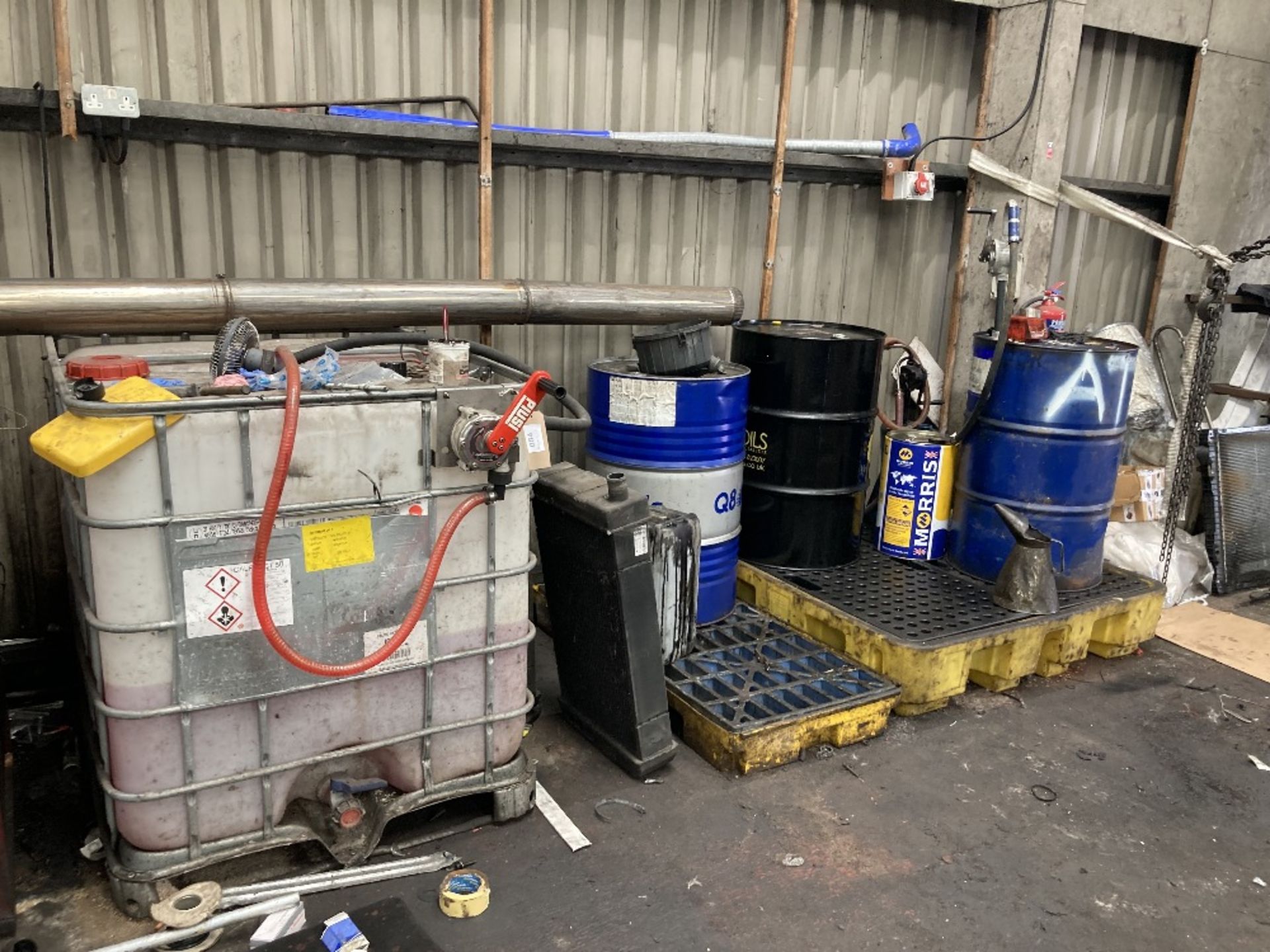 (2) Plastic oil drum drip trays, Contents, IBC Containing Calfrost 50 & Piusi Hand Pump