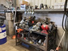 Workbench, Bench Grinder & Contents to include Large Quantity of Hose Attachments