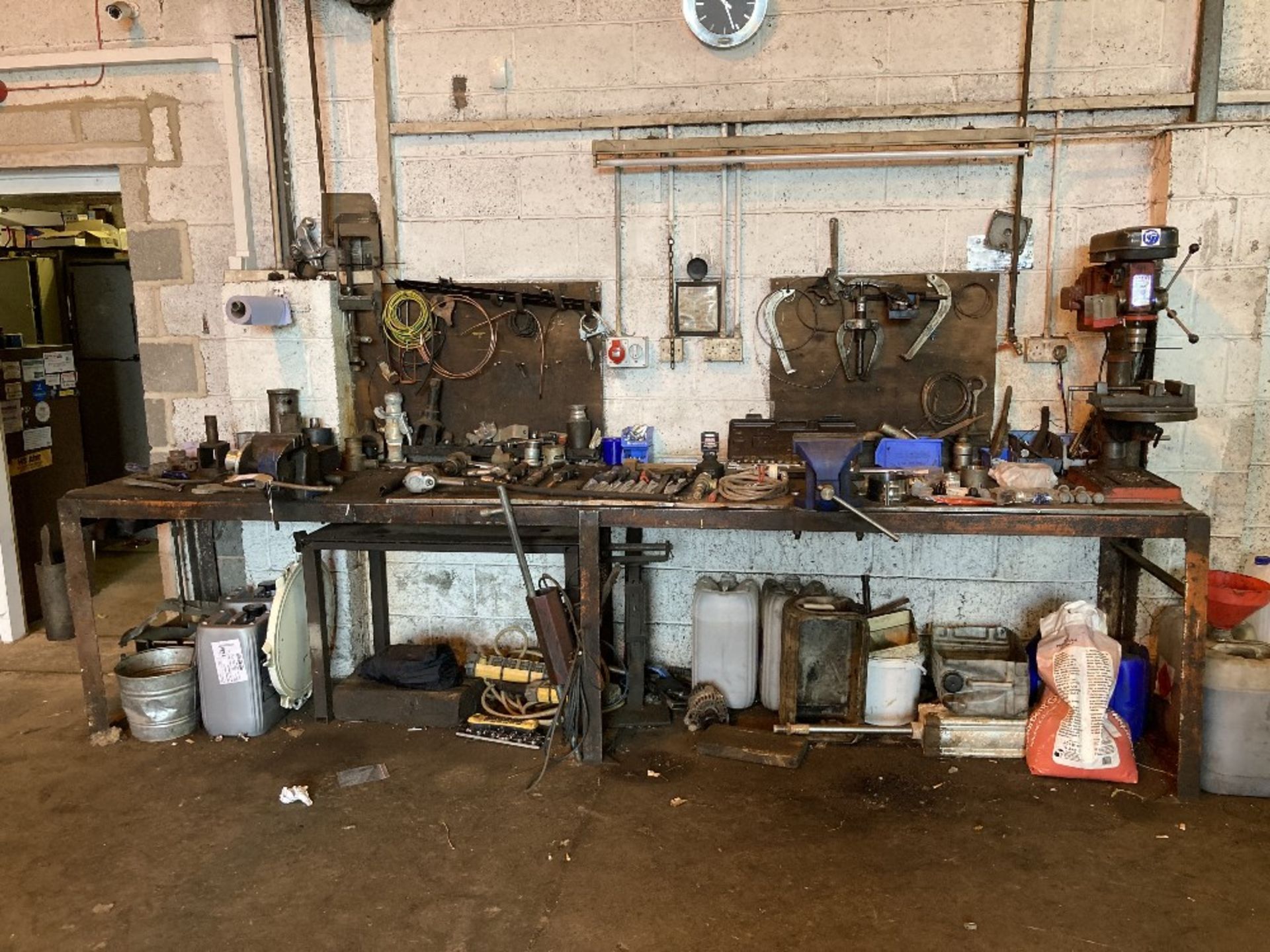 Contents of Workbench to include tools, Vice's, Pillar Drill and more