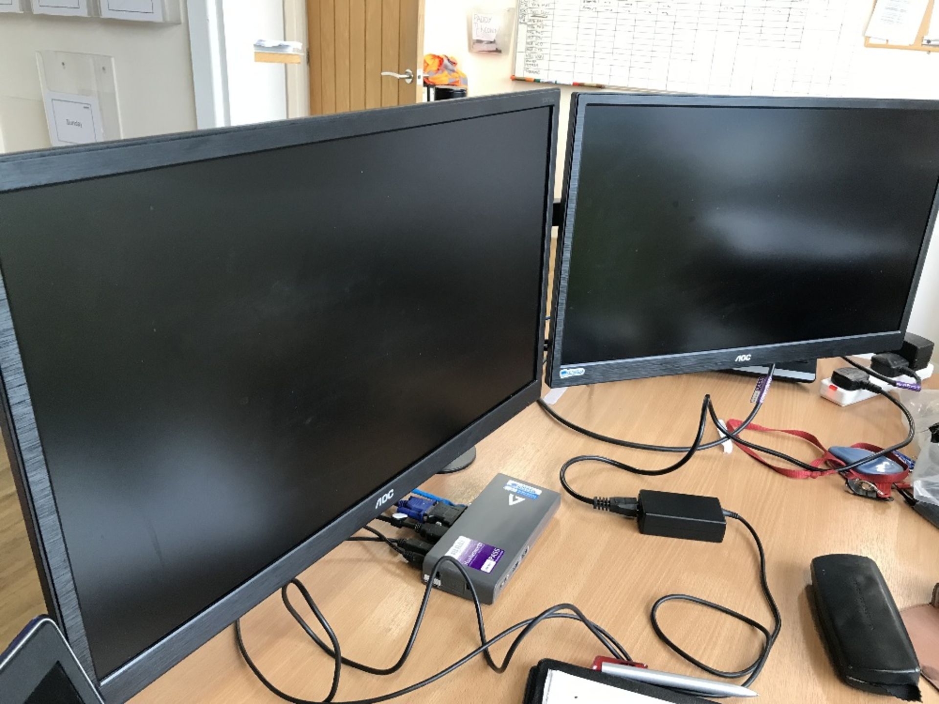 (2) AOC Computer Monitors With (1) Dual Monitor Stand And Table Clamp