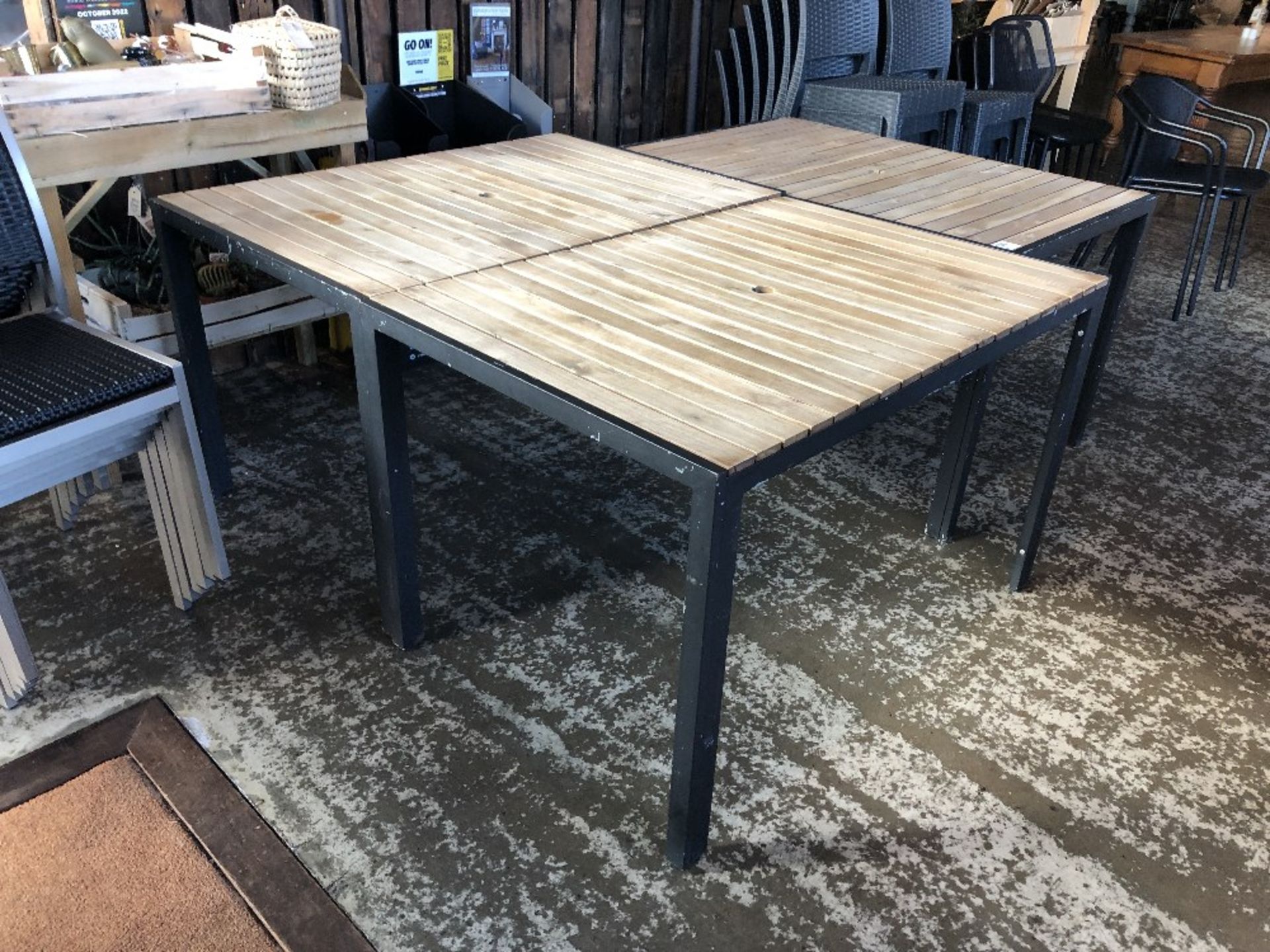 (3) Outdoor Wooden Slatted / Steel Base Rectangular Tables - Image 2 of 2