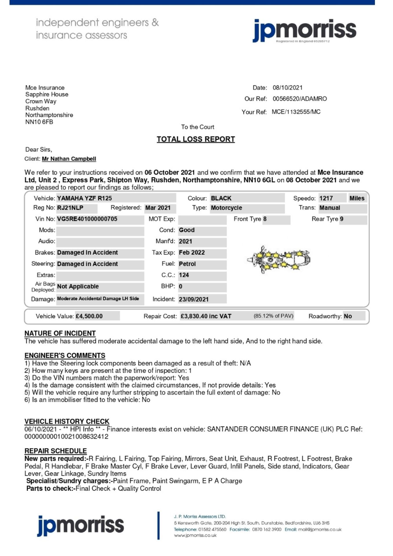 RJ21 NLP Yamaha YZF R125 Motorcycle - Image 14 of 16