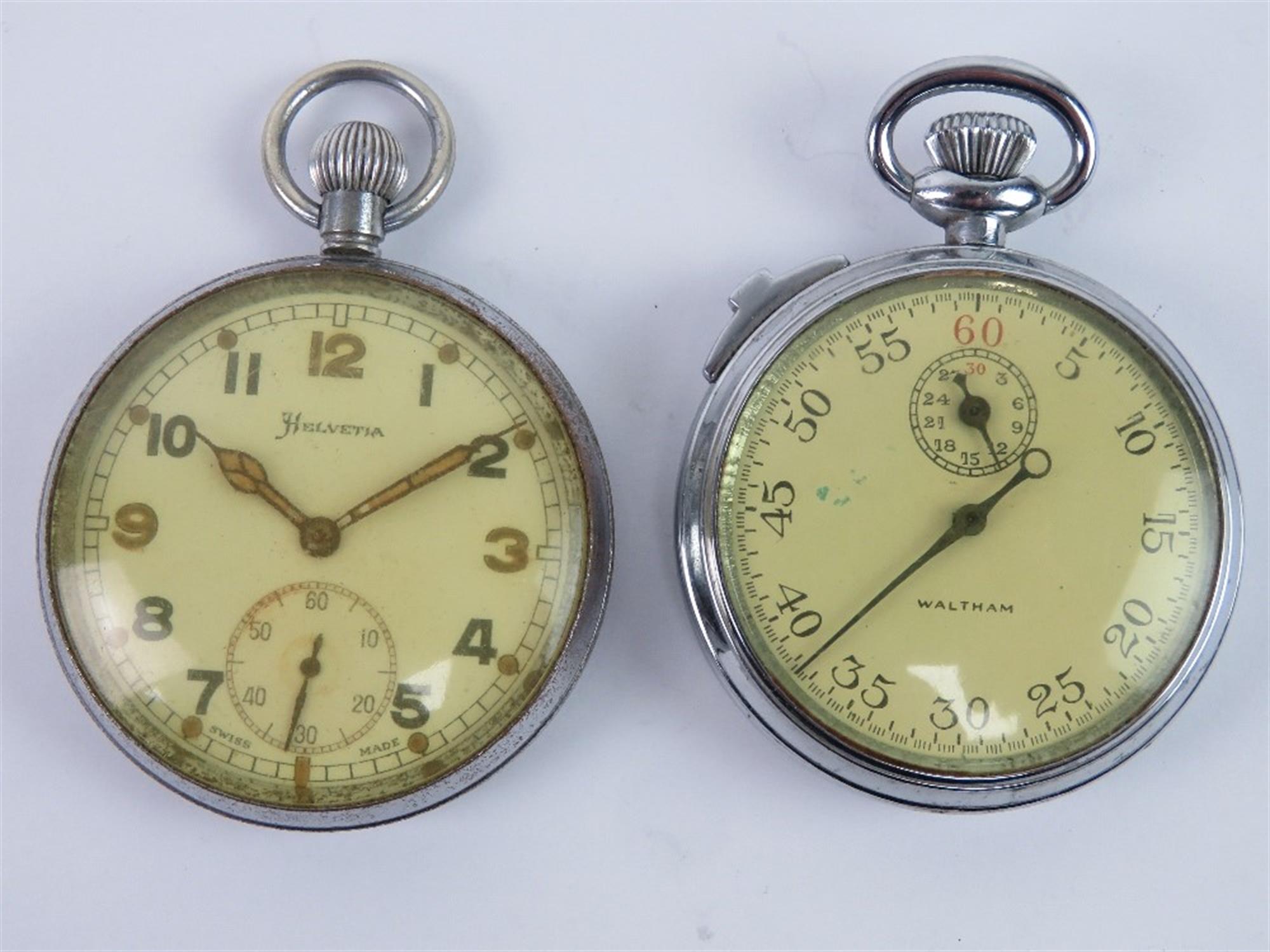 A WWII Military Pocket Watch and Waltham Military Stopwatch