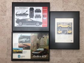 Three rare blackened Aluminium framed De Tomaso dealership advertising posters