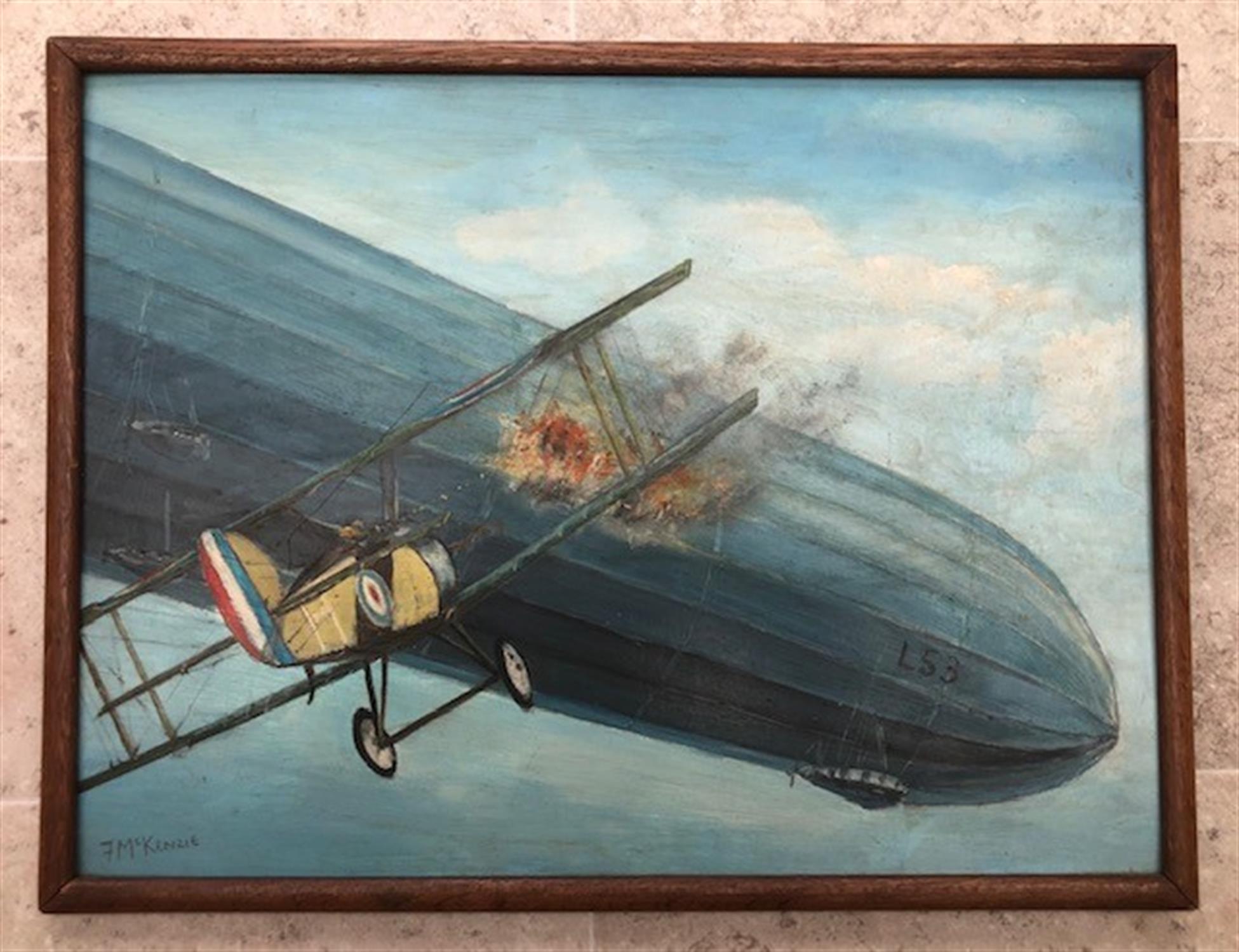 Sopwith Camel biplane attacking the WWI Zeppelin Airship L53.