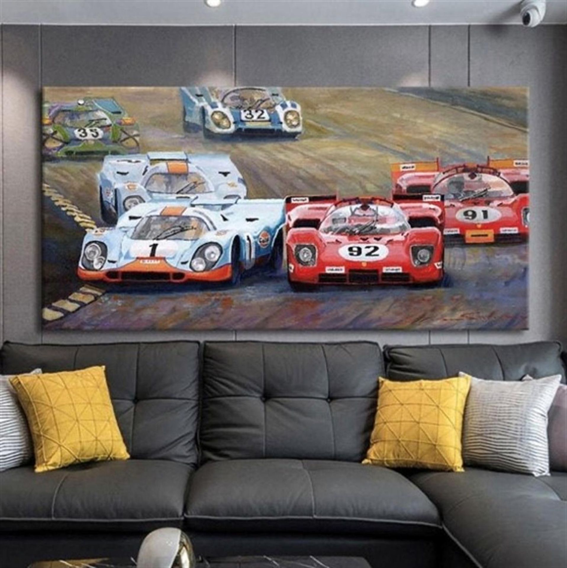 A large and impressive stretch canvas 'Ferrari versus Porsche 1970' - Image 2 of 2