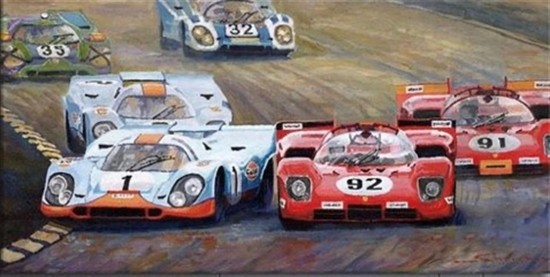 A large and impressive stretch canvas 'Ferrari versus Porsche 1970'