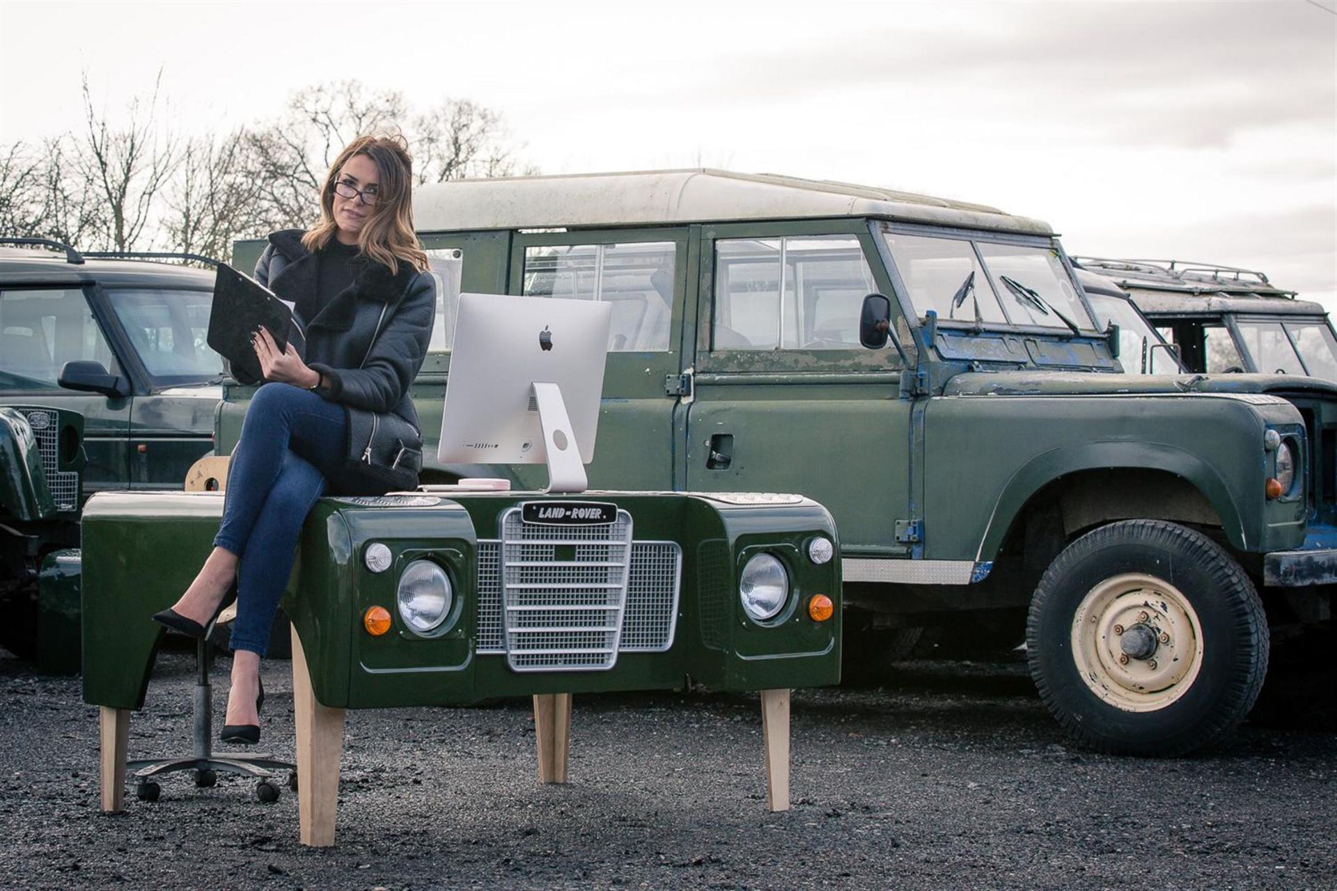 1978 Land Rover Desk in Bronze Green with Tan Leather Desk Surface