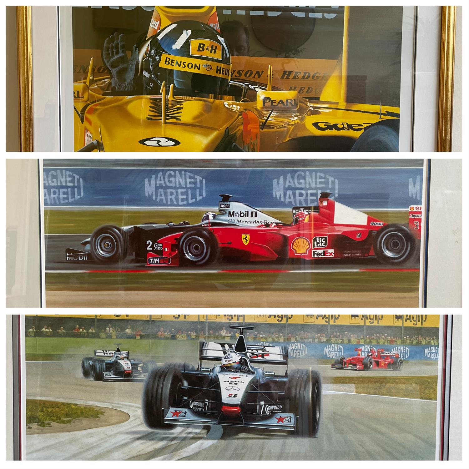 A trio of Damon Hill and David Coulthard Signed Prints