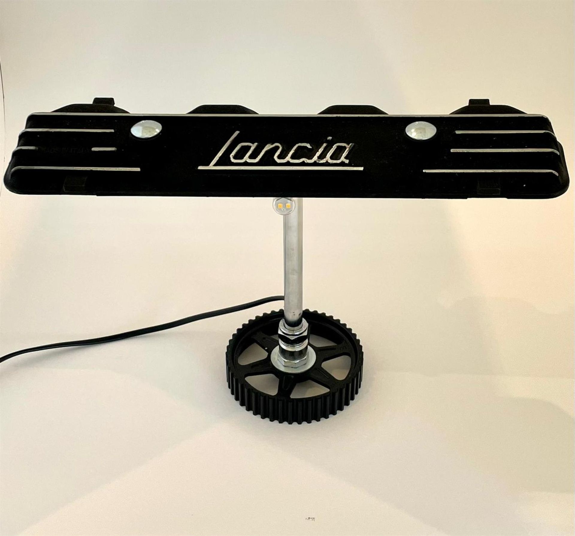Lancia Beta Camcover Desk Lamp utilising a Cam Pulley as the Base