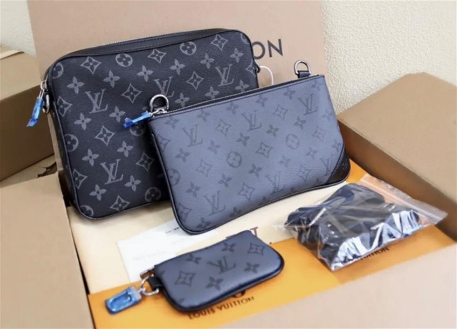 A Brand New Louis Vuitton 'Trio' Three-Piece Messenger Bag in Monogram Eclipse Canvas