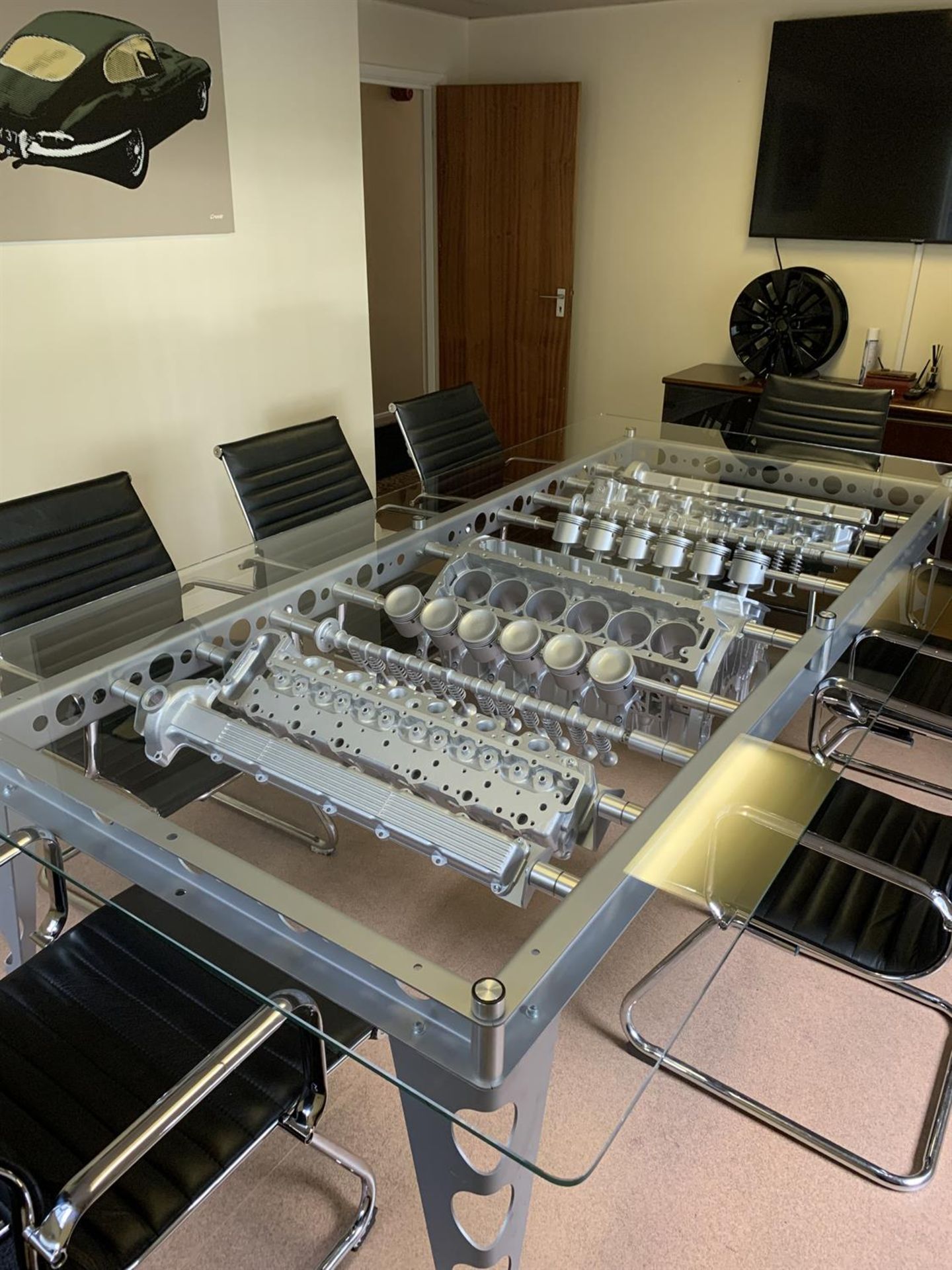 Substantial Boardroom Table with Jaguar V12 Exploded Internals Beneath Glass