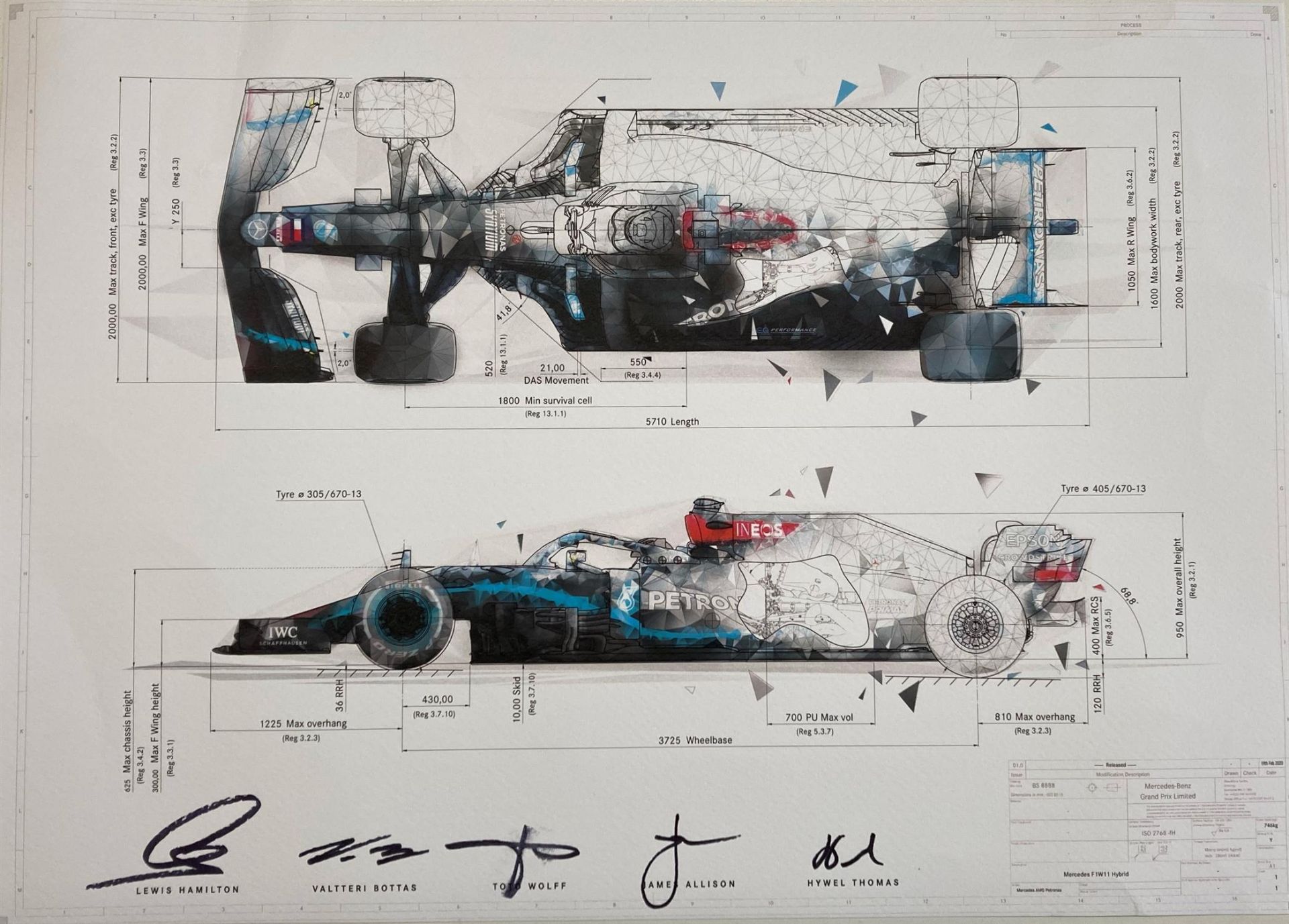 Charity Lot: Limited Edition Mercedes AMG-Petronas Formula 1 Team Signed Technical Drawing Print - Image 2 of 2
