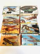 Eight boxed plastic Revell model airplane kits to include; Fokker E-III and Fokker D VII.