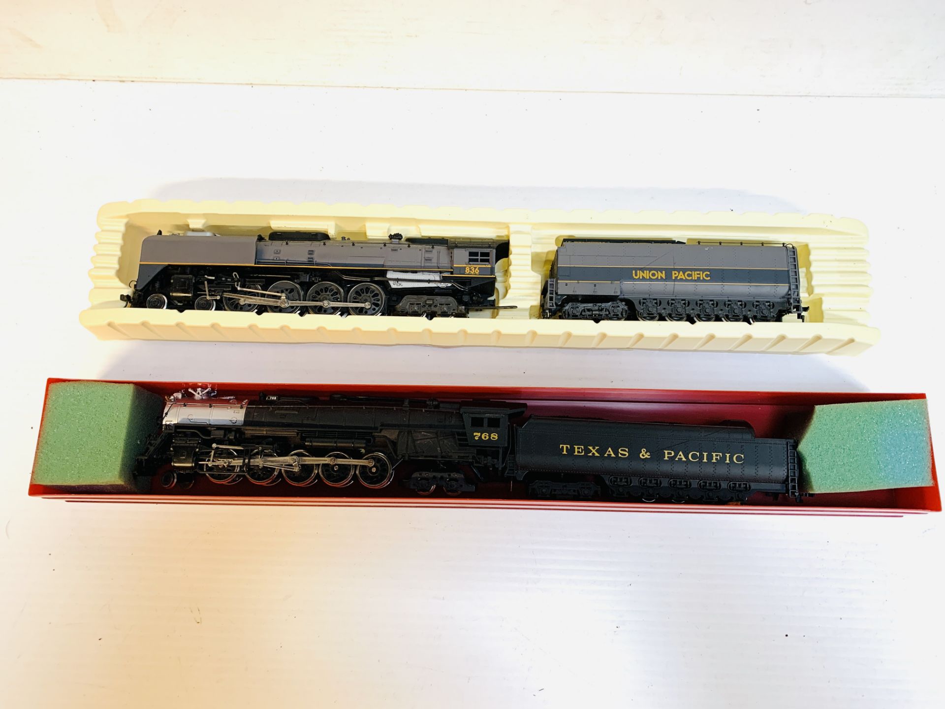 Bachmann Texas and Pacific locomotive and RivaRossi Union Pacific locomotive