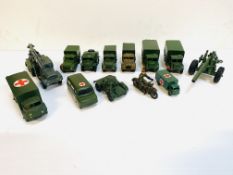 A collection of diecast Dinky Toys army vehicles.