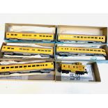 Six Athearn model railway carriages