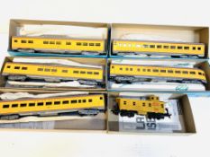 Six Athearn model railway carriages