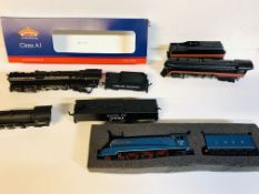 Three Bachmann locomotive and tender together with a Mehano Santa Fe locomotive and tender.