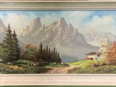 Framed oil on canvas of a mountain scene