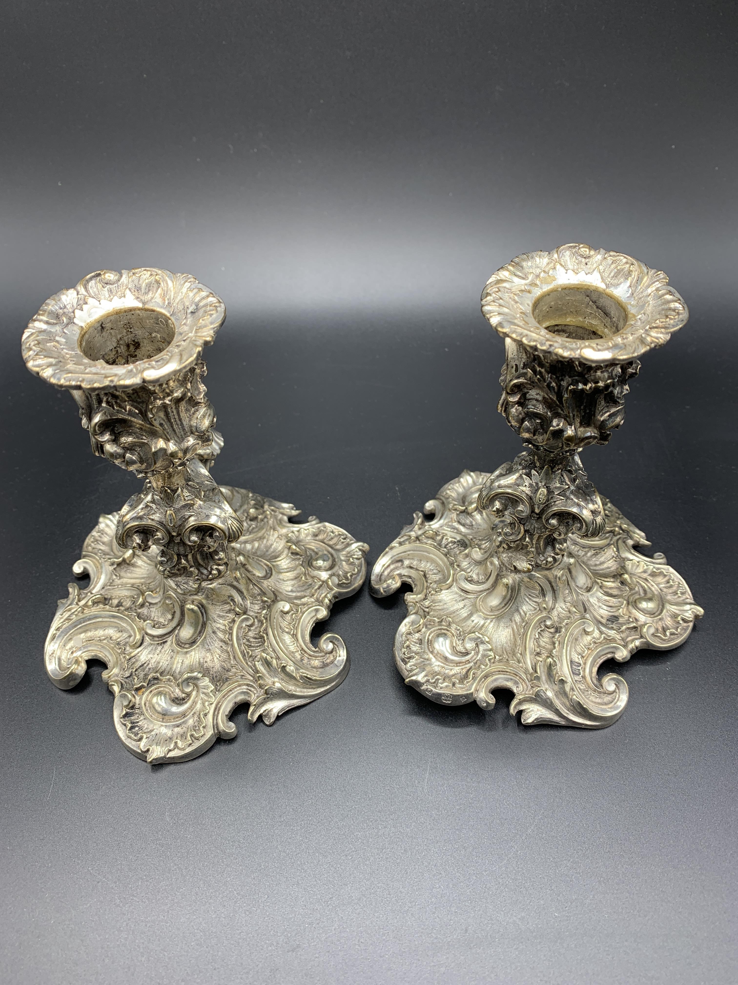 A pair of mid-19th century rococo silver plate candle holders by Elkington & Co - Image 4 of 4