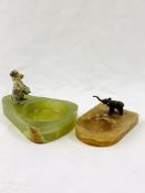 Three onyx dishes with cold painted bronze figures
