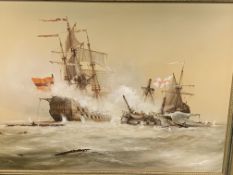 Les 'Jason' Spence - framed oil on canvas of a Naval battle between two Gallions
