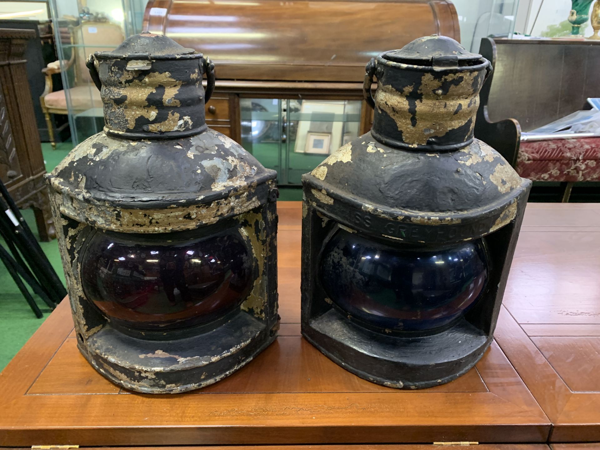 Pair of painted metal ships lanterns