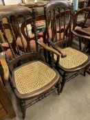 Two cane seat open armchairs