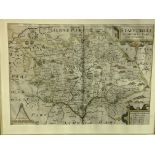 Framed and glazed partially coloured print of a map of Staffordshire