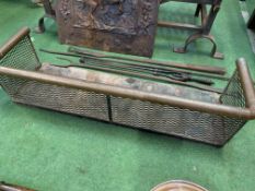 Brass fender, a Courage brewery fire screen, fire irons and three bed pans