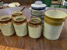 Five salt glazed pots, together with a German lidded pot