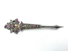 Silver turban pin/brooch set with white sapphires and rubies