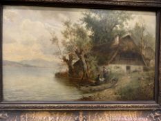 Framed oil on canvas of a lakeside cottage