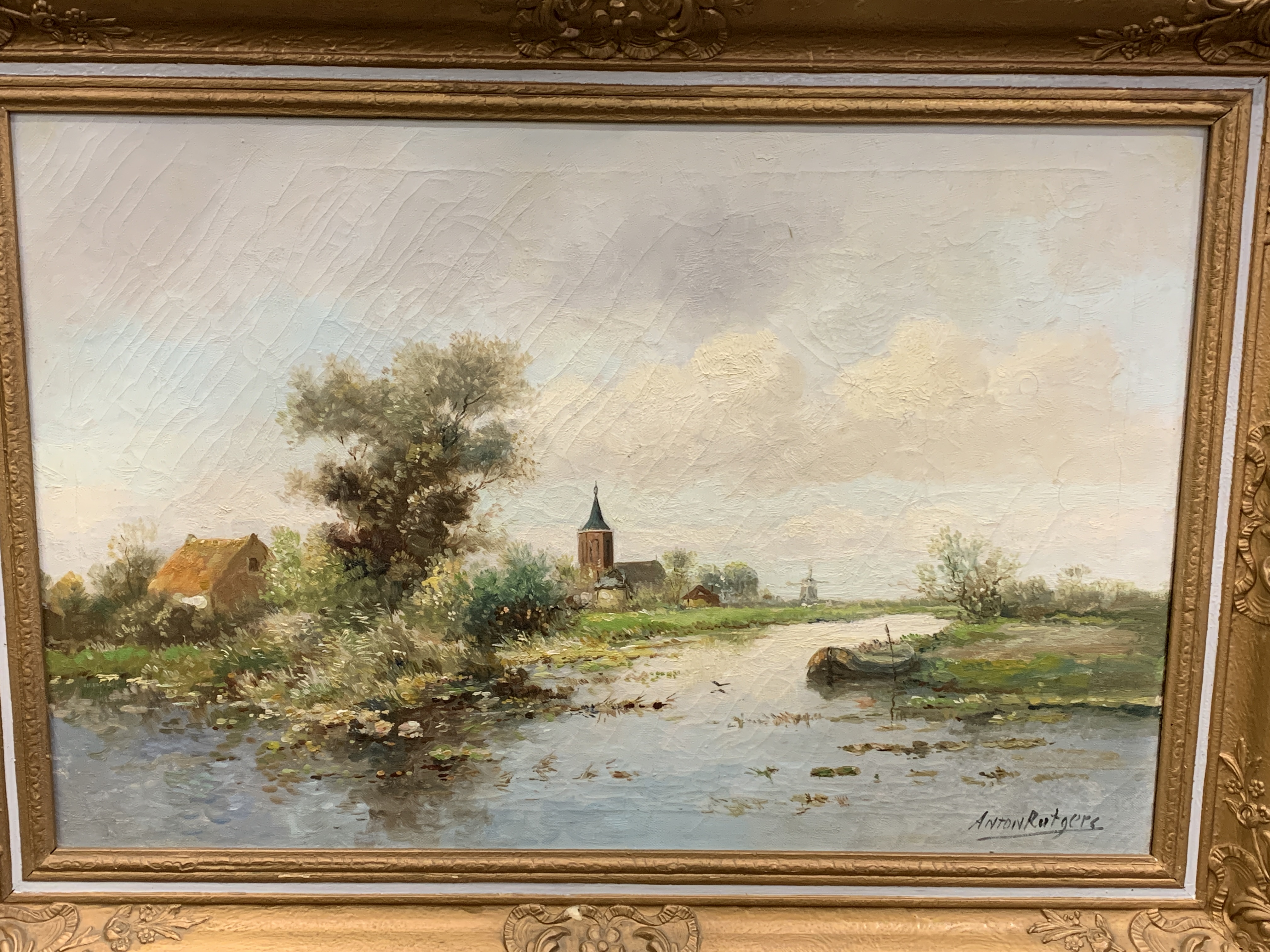 Gilt frame oil on canvas of a Dutch countryside scene